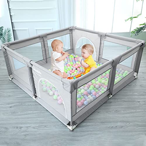 Image of Babay Playpen Extra Large Activity Center Indoor & Outdoor Large Playpen with Anti-Slip Base, Sturdy Safety Fence with Super Soft Breathable Mesh