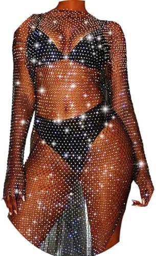 Fstrend Women Rhinestone Mesh Dress Rhinestone Black Long Skirts See Through Fishnet Cover up Swimwear Rave Festival Bikini, Black, M