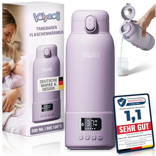 Valy&Oli Flaschenwärmer Baby Unterwegs [Power 16.000mAh Akku] - Blitzschnell in 3 Min auf 37C [Bis 100C] - Tragbarer Milchwärmer [500ml] - Auslaufsicherer Babyflaschenwärmer (Lavendel-Lila)