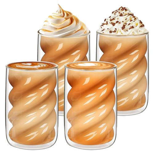 4 Tasse à Café Double Paroi, Verres à Expresso Spirale, 350 ml Tasse Double Paroi mit 4 Cuillères, Verres à Latte Macchiato, Tasse en Verre Borosilicate,...