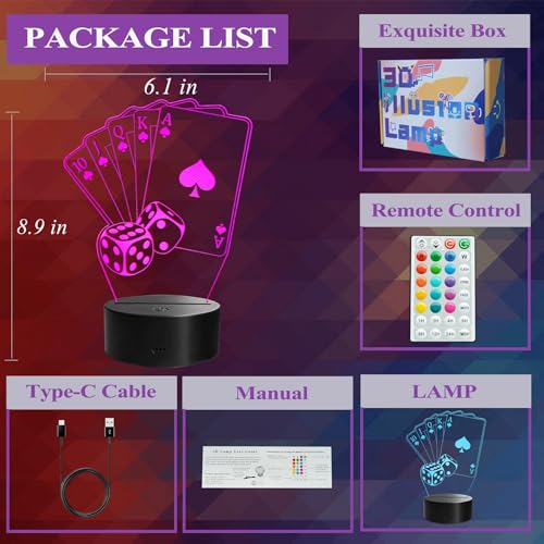 Image of Poker Night Light, 3D Illusion Lamp with 16 Colors Changing, Timer, 4 Flash Modes and Dimmable, Poker Cards Decor Playing Cards Dice for Casino Decorations, Man Cave Lights Poker Accessories