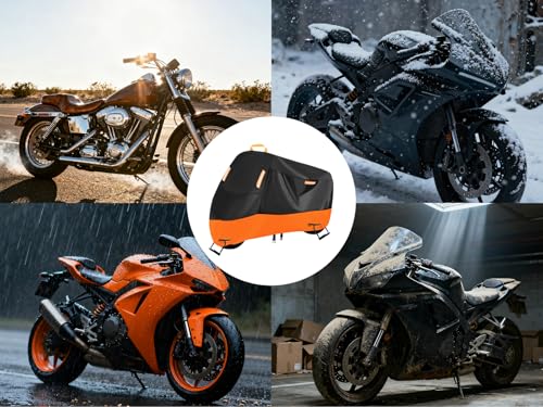 Image of Motorcycle Cover Waterproof Outdoor,420D Heavy Duty, Rain & UV Resistant,Motorcycle Covers with Storage Bag & Buckles, All Seasons Protection Powersports Vehicle Cover Fits up to 104.3 inch (3XL)