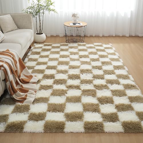 Checkered Area Rugs for Living Room 8x10, Fluffy Beige and