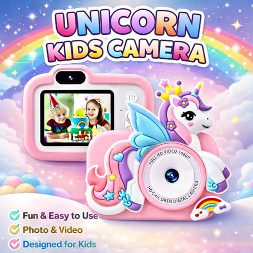 Image of Digital Camera for Kids | Unicorn Design 1080p Video Recorder Photo Capture Camera | 2-Inch Screen & 32GB Capacity, Rechargeable, Preloaded Mini Games, Multicolor (Color As Per Stock)