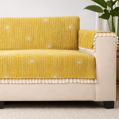 Image of STITCHNEST Woven Fabric Sofa Cover 1 Seater with 2 Hand Rest Covers - Washable Green Sofa Cover with Tassels - Durable Premium Fabric - Stylish Sofa Protector for Living Room & Furniture Decor1
