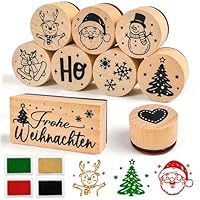 9Pcs Stempel Weihnachten Holz, Frohe Weihnachten Stempel mit Stempelkissen, Klein Motivstempel für Kartenbasteln Scrapbooking Geschenkpapier, Weihnachtsstempel