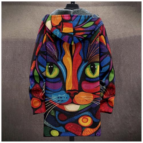 Abstract Art Cat Cardigan Hoodie for Men Color Block Full Zip Long Coat Fall Winter Vintage Fleece Jacket with Pockets4