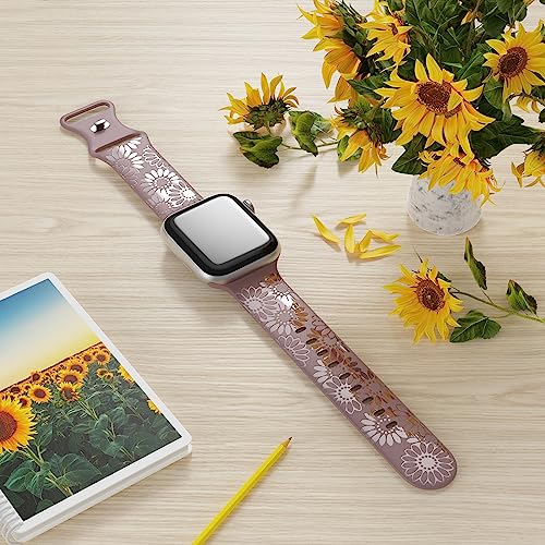 Image of Sunflower Engraved Band Compatible with Apple Watch Bands 38mm 40mm 41mm 42mm 44mm 45mm 49mm Women, Designer Soft Glossy Floral Silicone Strap for iWatch Series Ultra 11 10 9 8 7 6 SE 5 4 3 2 1