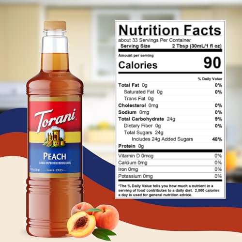 Image of Torani Peach Syrup 1L with Pump Sweet Flavoring for Lemonades, Teas & Drinks