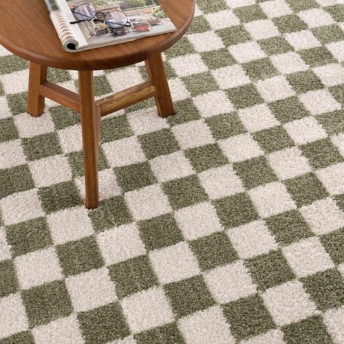 Image of Hauteloom Altair Modern Checkered High Pile Area Rug - Contemporary Geometric Carpet for Living Room, Bedroom - Machine Washable Area Rug - Off-White, Dark Green - 7'10 inch x 10'