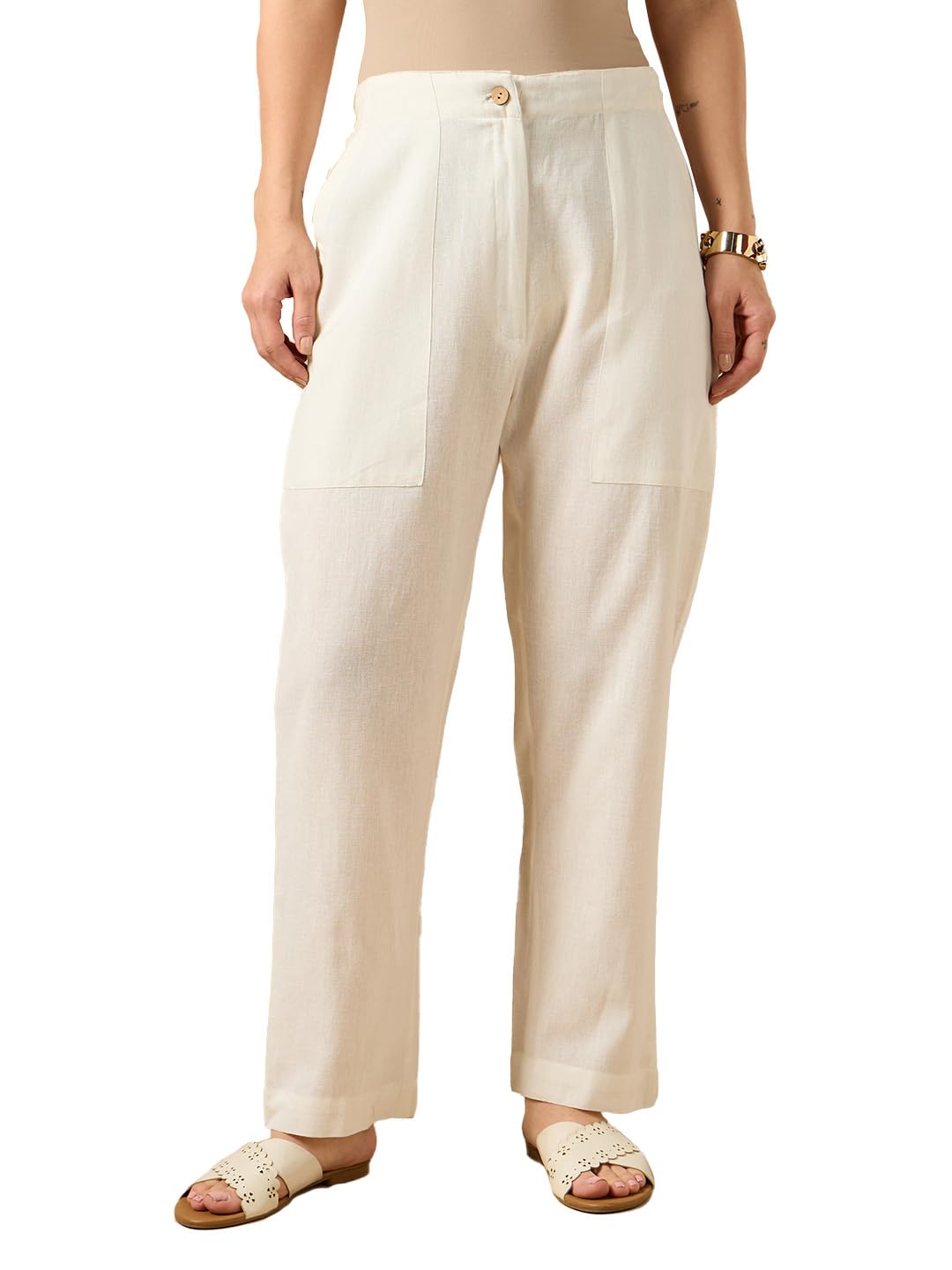 cottons daily Women's Cotton Linen Smart Trousers | Wide-Leg Casual Pants with Pockets | Solid | Button Closure-picture-17