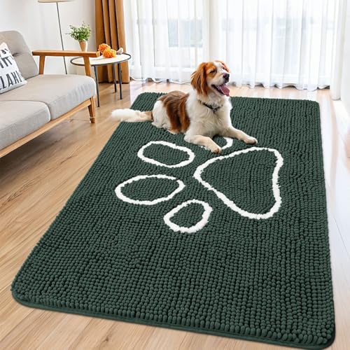 Image of Smiry Dog Door Mat for Muddy Paws, Absorbent Dirt Trapper Non Slip Quick Dry Washable Chenille Mat for Mud Dogs, Entry Rug for Indoor and Outdoor (59x35 Inches, Green and White)