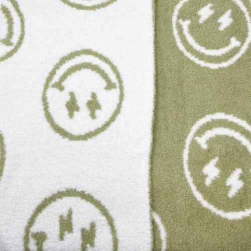 Image of L+L USA Smiley Face with Lightning Bolt Eyes Baby Blanket 28 inchx40 inch - DreamSoft Throw for Crib, Stroller or Car Seat Blanket /Newborn Nursery Gift Toddler, Infant, Kids Boys & Girls (Sage Green /White)