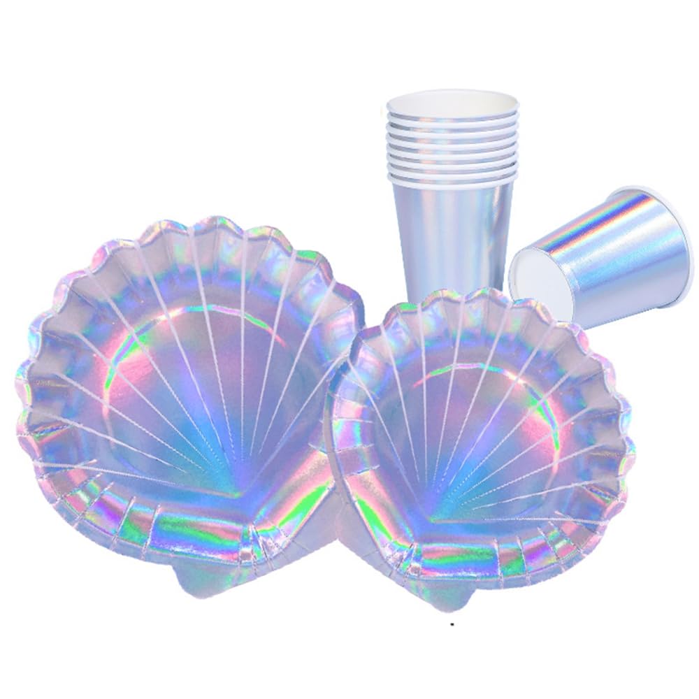 Dulousia Seashell Paper Plates Cups, Mermaid Party Supply, Disposable Glitter Iridescent Ocean World Shell Tableware for Wedding, Bridal Shower, Baby Shower, Dinner, Birthday Party Decorations 48pcs
