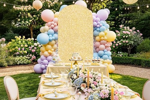 Image of Gold Arch Backdrop Stand Cover 6Ft Summer Sequin Arch Background Cover Birthday Balloon Photo Arch Backdrop for Party Baby Shower Wedding Decorations