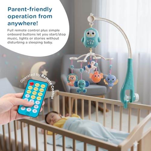 Image of Mee Mee Glow Safari Cot Mobile with Music, Night Projector and Built-in Stories, Remote Control, Detachable Rattles, 360 Rotation, Timer 20 /40 /60 min, Adjustable Volume, BPA-Free, Battery Operated