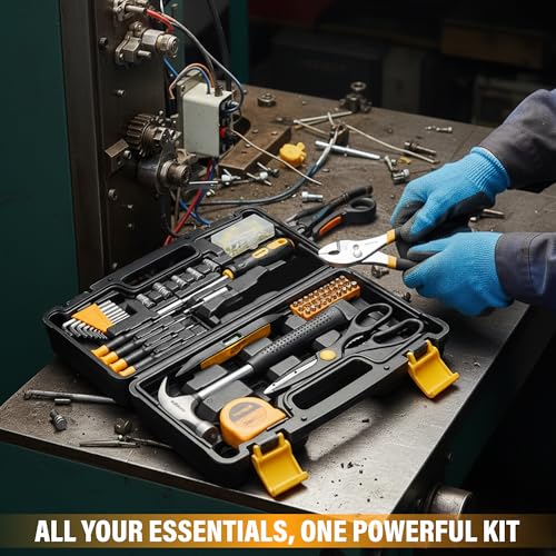 Image of 100 Pcs Tool Kit - DIY Hand Tool Set for Home Repairs & Maintenance - Tool Box with Tools Included Plier, Hammer, Adjustable Wrench, and Hex Key Set (2.96, Kilograms) (Yellow, 100)