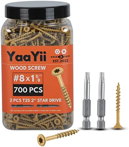 YaaYii 1-5/8 Inch Deck Screws, 700 PCs #8 x 1.625'' Yellow Tan Kote Torx Head Wood Screws for Exterior Use, Two Extra Square Drive Bits Included in The Deck Screw Kit