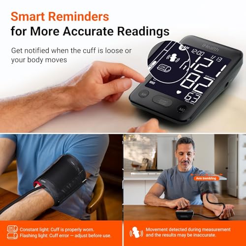 iHealth Accu Blood Pressure Monitor – 4.5" Large LCD(Black), Clinically Accurate, Irregular Heartbeat Alert, Body & Cuff Detection, Bluetooth Sync, Large 8.6"–17" Cuff – Easy for Seniors & Adults - Image 5