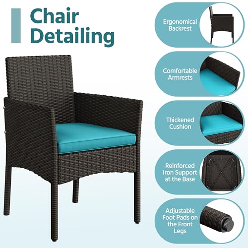 Yaheetech Patio Furniture Set 4 Pieces Conversation Sets, Rattan Chair Wicker Set Loveseat with Soft Cushion and Glass Table for Backyard Porch Garden Poolside Balcony, Brown and Cyan - Image 6