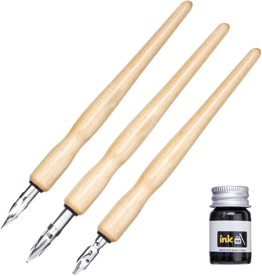 Calligraphy Dip Pen Set 3 Nibs 1 Wooden Holder Ink Drawing Supplies for Manga Cartoon Artist Hand Lettering School Office