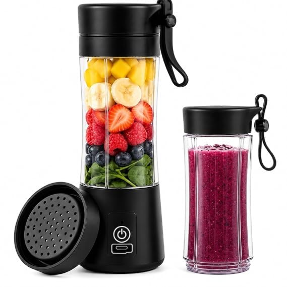 TR6 Blendmate Eco Portable Blender for Shakes, Smoothies & Juices, 380ML | 1200mAh Rechargeable Battery, 20-45W Motor | USB Charging Port | BPA Free, Compact Blender for Gym, Office, Travel (Black)