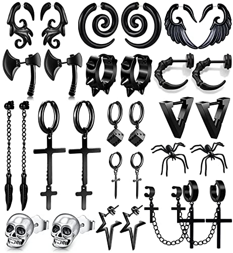 15 Pairs Punk Style Earrings Set for Women and Men, Black Stainless Steel Gothic Earrings Kit Fashion Cross with Cross, Axe, Wing, Skull Heads, Spider, and More