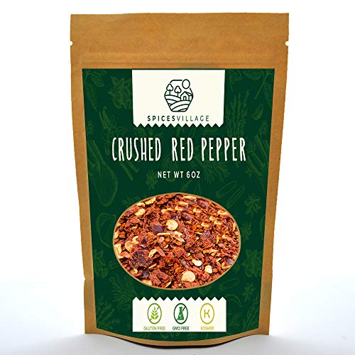 Spices Village Red Pepper Flakes, Crushed Dried Chili Spices for Cooking, Pizza and Seasoning, Fresh Kosher Gluten Free Non GMO Mexican Chili Powder, Bulk Resealable Bag 6 Oz