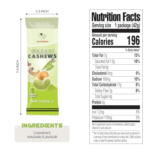 Image of NEWBAM Wasabi Roasted Cashews - 12 Individual Packs (1.5oz) - Vegan | Real wasabi seasoning, Japanese-inspired flavor. 15g net carbs, 5g protein. From Binh Phuoc, Vietnam.