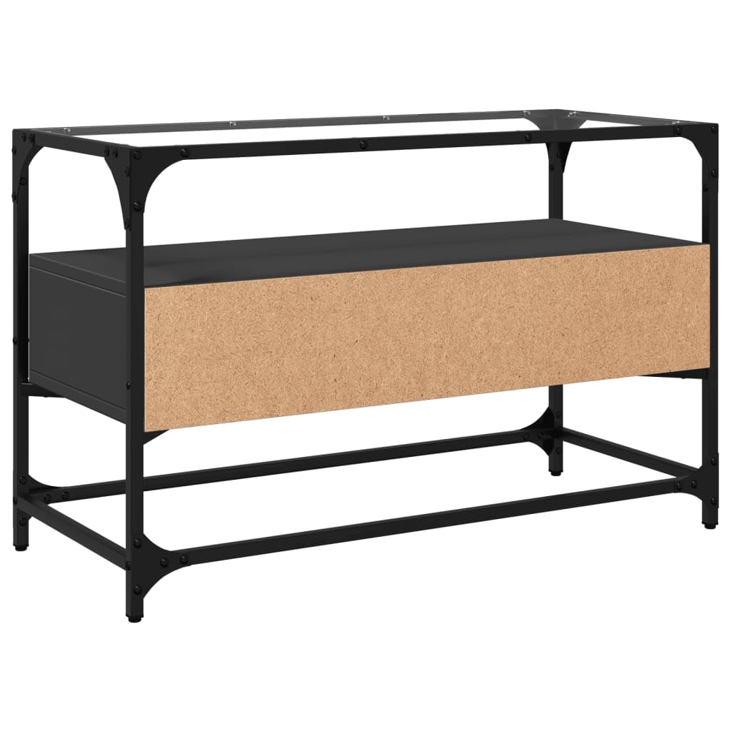 Meuble TV avec plateau en verre noir, 80 x 35 x 51 cm, meuble bas avec espace de rangement, tiroirs et cadre en métal, table TV pour salon, surface de rangement et passe-câbles