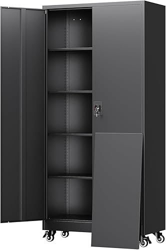 Miniatura 9 de Yizosh Armario de almacenamiento de metal para garaje con 2 puertas y 5 estantes ajustables, gabinete de archivo de acero con cerradura de 71