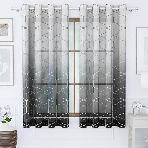 Image of Story@Home Window Curtains 5 Feet Long Set of 1 | Geometric Print | Semi Transparent Curtain | Net Curtains | Sheer Curtain for Living Room | (118 X 152 Cm, Black & Grey) | Perfect for Home Decor