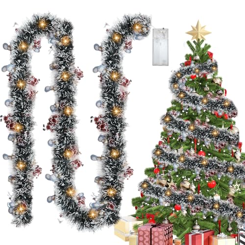 Ghirlanda Natalizia Lametta 500 cm, Ghirlande Natalizie, Decorazione Natalizia per Albero di Natale, Ghirlanda Natalizia per Porta, Decorazione Natalizia con Luce Calda per Albero di Natale