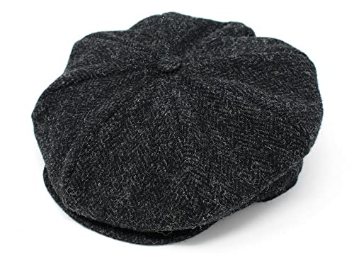 Hanna Hats Traditional Harris Scottish Tweed Wool Eight Piece Cap Tweed - Black & Charcoal Herringbone. Unisex Newsboy Flat Cap. Button Crown and Taffeta Lining. 100% Made in Ireland. XL 62-63 cm.