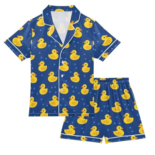Yellow Cute Ducks Summer Satin Pajama Set, Cute Button-Down Sleepwear Pj Set for Sleep Wears