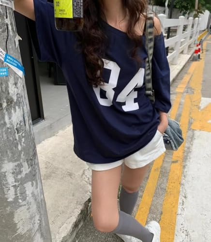 Off The Shoulder Tops for Women Short Sleeve Y2K Jersey Number Graphic Oversized Tshirts E-Girl Tees3