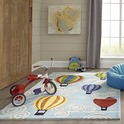 Momeni Rugs Lil' Mo Whimsy Collection, Kids Themed Hand Carved & Tufted Area Rug, 5' Round, Multicolor Hot Air Balloons On Sky Blue #TOP1