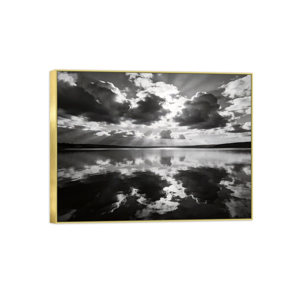 Lake Clouds 2 Black White Landscape Canvas Picture 50x65cm Gold Frame