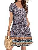 Zeagoo Floral Dresses for Women Navy Blue Printed Ethnic Style Summer Church Casual Short Sleeve Plus Size T Shirt Flowy Cotton Sundress with Pockets Blue Print M