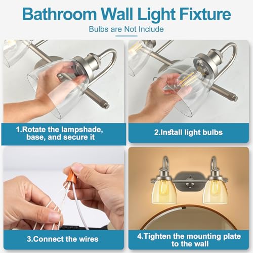 Image of Lightdot Brushed Nickel Bathroom Light Fixture, 17.5IN 2-Light Bathroom Vanity Light with Clear Glass Shades, 60W Max /120V Modern Wall Lights for Mirror Kitchen Living Room, E26 Base-Silver