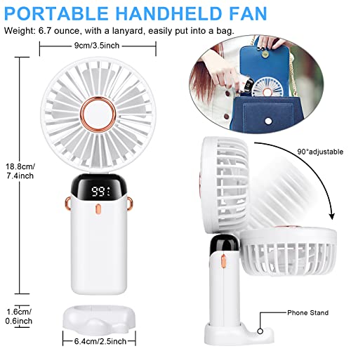 LYMYBETY Portable Handheld Fan, 4000mAh Mini USB Rechargeable Fans with Digital Display, Small Personal Pocket Fan with 5 Speeds, Foldable Desk Fan with Lanyard and Base for Home Travel (White)