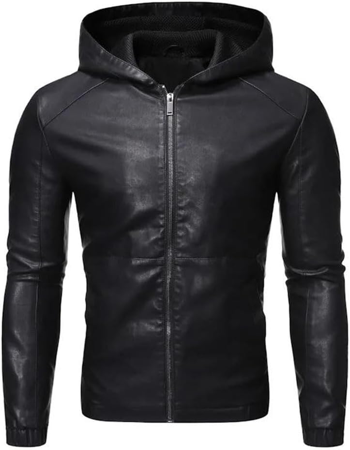 Mens Hooded Faux Leather Motorcycle Jacket Thick Casual Zip Up Coat