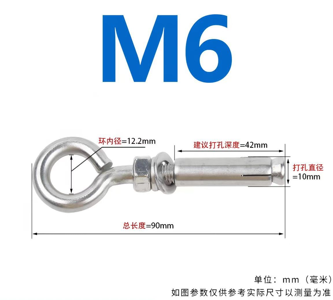 Pernos de expansión de acero inoxidable, 2 uds M6/M8/M10 304 anclajes de pared hormigón cáncamo sujetador perno gancho resistente for mampostería(M6)