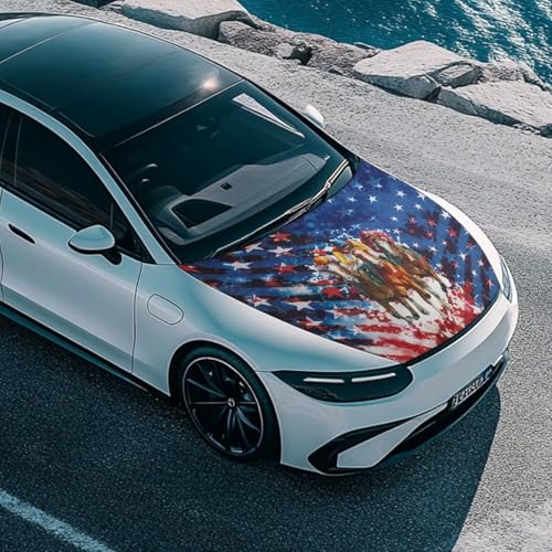 Image of Car Hood Cover, Car Hood Wrap Blankets Auto Banner Elastic Polyester Horse and American Flag Automotive Accessories for Compact Cars Sedans SUV Trucks (59x39 Inch)