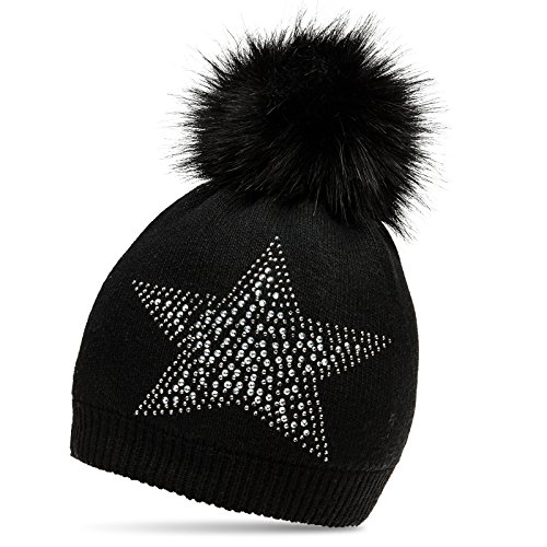 Caspar MU159 Damen Fein Strick Winter Mütze mit Kunstfell Bommel und Glitzer Strass Stern, Farbe:schwarz, Größe:One Size