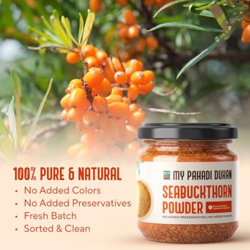 Image of My Pahadi Dukan (MPD) Sea buckthorn Berry Powder 100g, Rich in Omega 3 6 7 9 & Vitamin C, Antioxidant & Fiber Rich, Supports Skin Glow Immunity & Gut Health, 100% Pure, No Additives