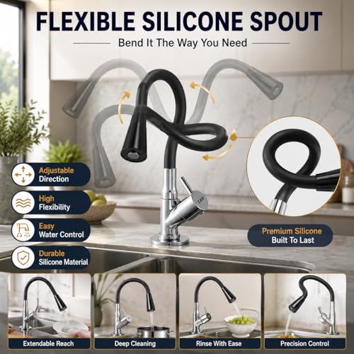 Image of ZAP Pluto Flexible Kitchen Sink Tap | Brass Body | 360 Swivel Swan Neck Faucet | Dual Flow Spray & Stream Modes | Flexible Silicone Spout | Chrome Finish | Cold Water Tap