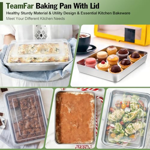 Image of TeamFar Baking Pan with Lid, 10.5 inchx 8 inch Stainless Steel Rectangular Cake Lasagna Pan with Cover for Cake Brownie Casseroles, Healthy & Sturdy, Oven & Dishwasher Safe - (1 Pan + 1 Lid)