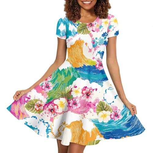 Image of HUGS IDEA Womens Puffy Swing Midi Dress Round Neck Short Sleeve Party A-Line Dresses
