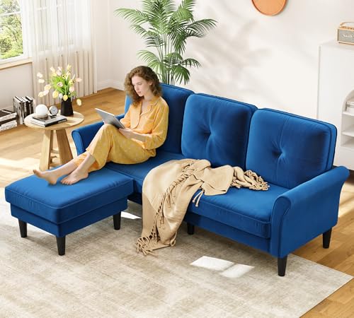 Image of Kidirect Small Sectional Couch, 83 inch L Shaped Couch, Comfy Velvet Couches for Living Room, Tool-Free Setup Modular Sectional Sofa, 850lbs Load Sofas for Living Room with 1 Movable Ottoman, Blue Couch